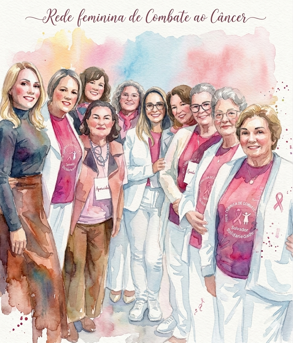 Ilustração em aquarela das voluntárias da Rede Feminina de Combate ao Câncer de Piçarras