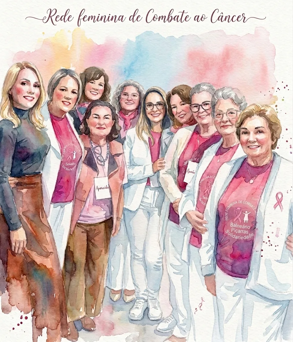 Ilustração em aquarela das voluntárias da Rede Feminina de Combate ao Câncer de Piçarras